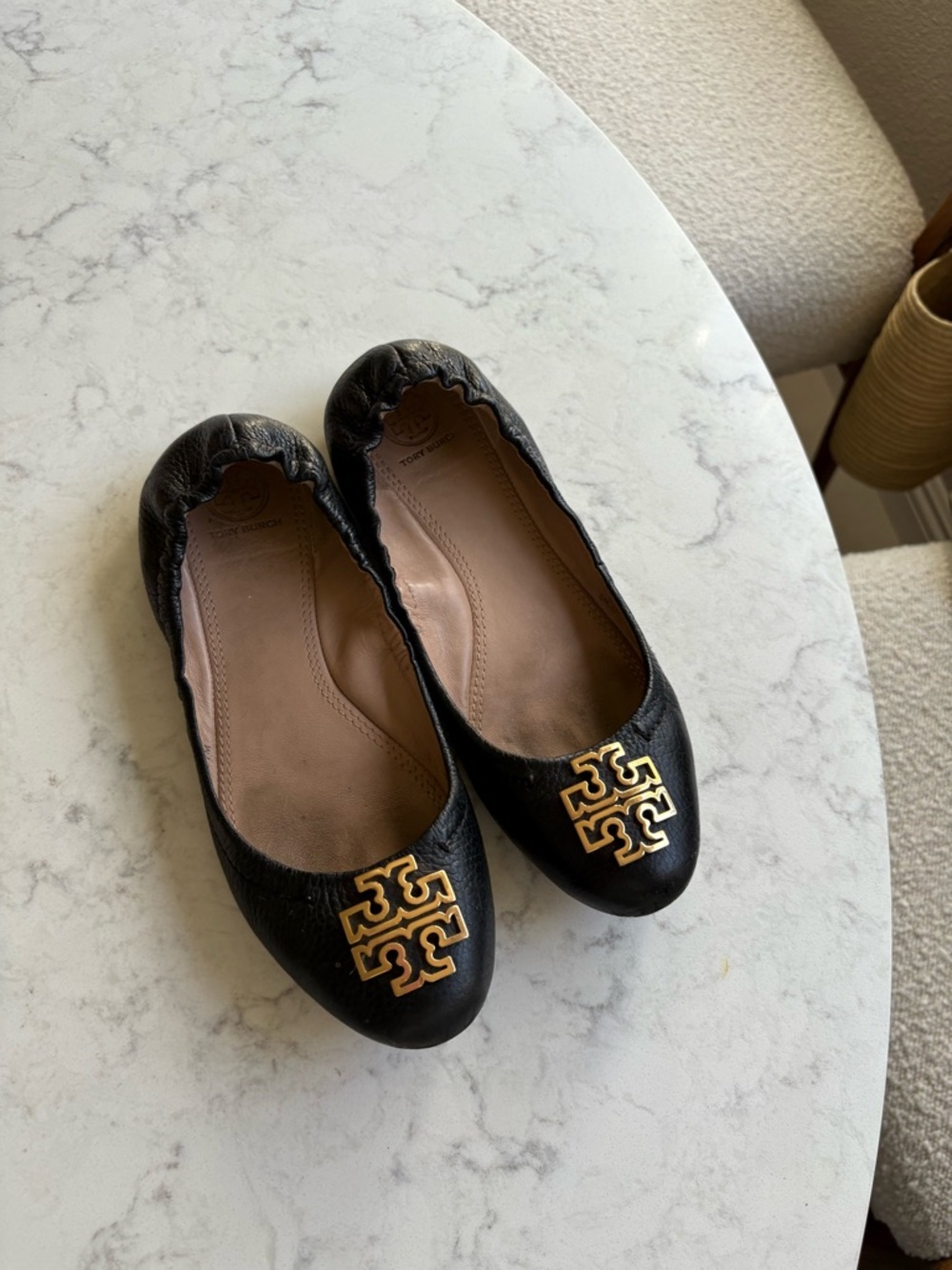 Tory Burch Black Leather Reva Ballet Flats with Gold Logo 7